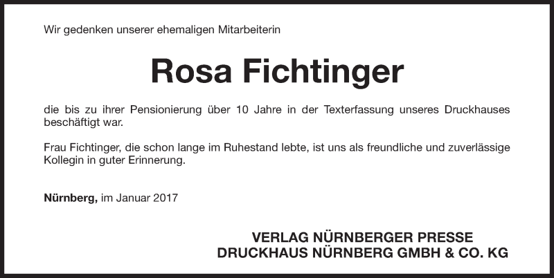  Traueranzeige für Rosa Fichtinger vom 17.01.2017 aus Gesamtausgabe Nürnberger Nachrichten/ Nürnberger Ztg.