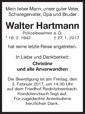 Traueranzeige von Walter Hartmann von Gesamtausgabe Nürnberger Nachrichten/ Nürnberger Ztg.