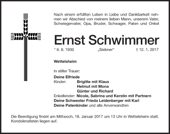 Traueranzeige von Ernst Schwimmer von Altmühl-Bote Lokal