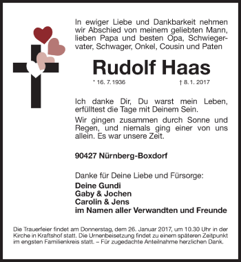 Traueranzeige von Rudolf Haas von Erlanger Nachrichten Lokal, Gesamtausgabe Nürnberger Nachrichten / Nürnberger Zeitung