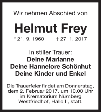 Traueranzeige von Helmut Frey von Gesamtausgabe Nürnberger Nachrichten/ Nürnberger Ztg.