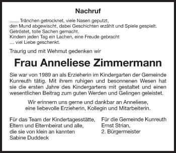 Traueranzeige von Anneliese Zimmermann von Nordbayerische Nachrichten Forchheim Lokal