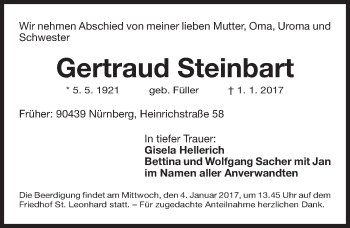 Traueranzeige von Gertraud Steinbart von Gesamtausgabe Nürnberger Nachrichten/ Nürnberger Ztg.