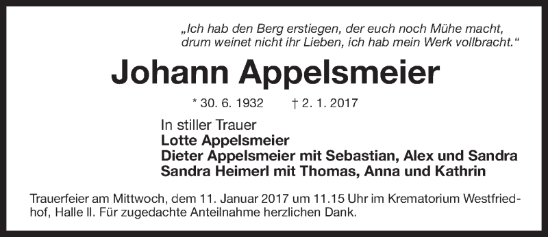  Traueranzeige für Johann Appelsmeier vom 09.01.2017 aus Gesamtausgabe Nürnberger Nachrichten/ Nürnberger Ztg.