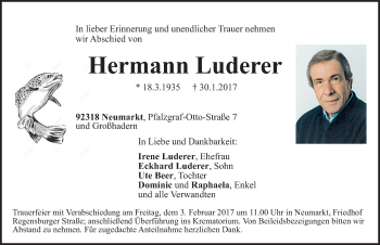Traueranzeige von Hermann Luderer von Neumarkter Nachrichten Lokal