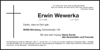 Traueranzeige von Erwin Wewerka von Gesamtausgabe Nürnberger Nachrichten/ Nürnberger Ztg.