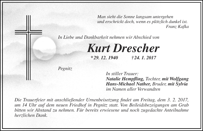  Traueranzeige für Kurt Drescher vom 28.01.2017 aus Nordbayerische Nachrichten Pegnitz Lokal
