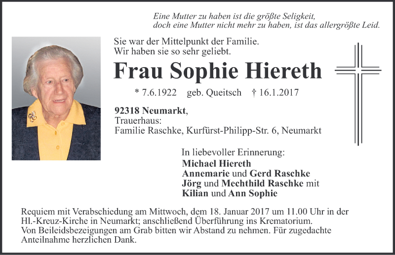  Traueranzeige für Sophie Hiereth vom 17.01.2017 aus Neumarkter Nachrichten Lokal