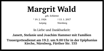 Traueranzeige von Margrit Wald von Gesamtausgabe Nürnberger Nachrichten/ Nürnberger Ztg.