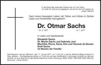 Traueranzeige von Otmar Sachs von Gesamtausgabe Nürnberger Nachrichten/ Nürnberger Ztg.