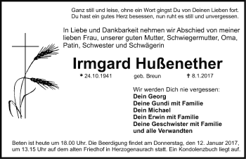 Traueranzeige von Irmgard Hußenether von Nordbayerische Nachrichten Herzogenaurach Lokal