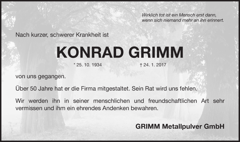  Traueranzeige für Konrad Grimm vom 26.01.2017 aus Roth-Hilpoltsteiner Volkszeitung Lokal