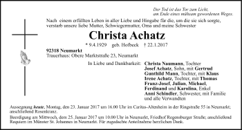 Traueranzeige von Christa Achatz von Neumarkter Nachrichten Lokal