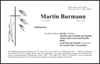 Traueranzeige von Martin Burmann von Roth-Hilpoltsteiner Volkszeitung Lokal