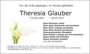 Traueranzeige von Theresia Glauber von Nordbayerische Nachrichten Forchheim Lokal