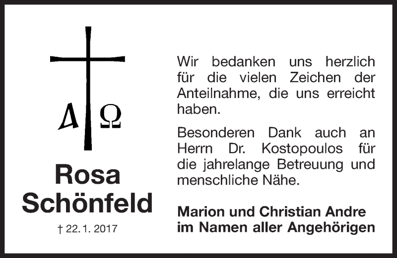  Traueranzeige für Rosa Schönfeld vom 01.02.2017 aus Fürther Nachrichten Lokal