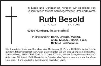 Traueranzeige von Ruth Besold von Gesamtausgabe Nürnberger Nachrichten/ Nürnberger Ztg.