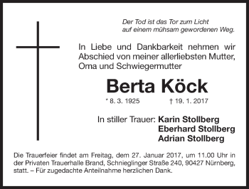 Traueranzeige von Berta Köck von Gesamtausgabe Nürnberger Nachrichten/ Nürnberger Ztg.