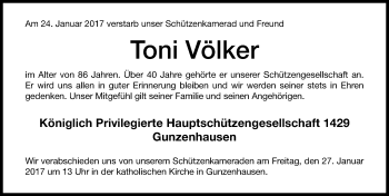 Traueranzeige von Toni Völker von Altmühl-Bote Lokal