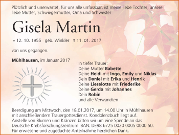 Traueranzeige von Gisela Martin von Nordbayerische Nachrichten Herzogenaurach Lokal