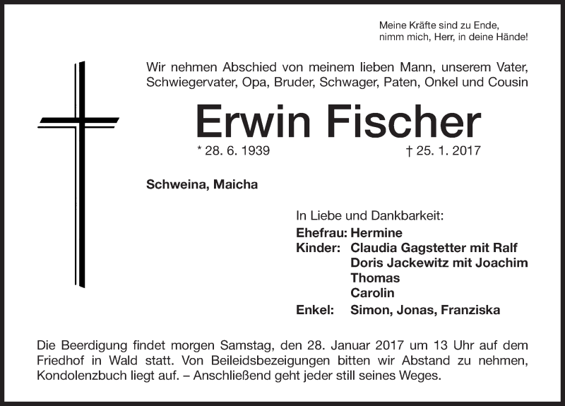  Traueranzeige für Erwin Fischer vom 27.01.2017 aus Altmühl-Bote Lokal