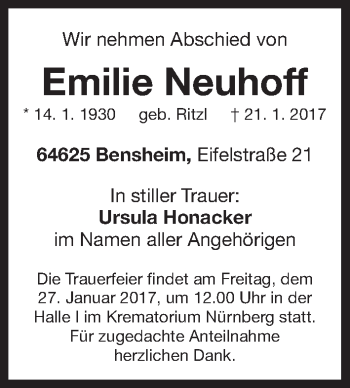 Traueranzeige von Emilie Neuhoff von Gesamtausgabe Nürnberger Nachrichten/ Nürnberger Ztg.
