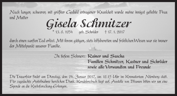 Traueranzeige von Gisela Schmitzer von Gesamtausgabe Nürnberger Nachrichten/ Nürnberger Ztg.