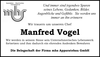 Traueranzeige von Manfred Vogel von Schwabach