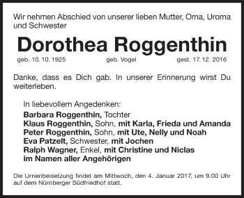 Traueranzeige von Dorothea Roggenthin von Gesamtausgabe Nürnberger Nachrichten/ Nürnberger Ztg.
