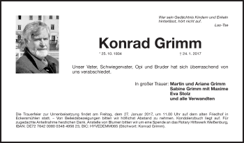 Traueranzeige von Konrad Grimm von Roth-Hilpoltsteiner Volkszeitung Lokal