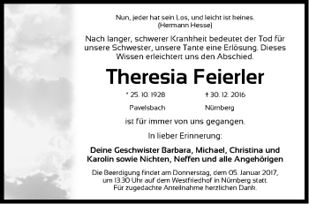 Traueranzeige von Theresia Feierler von Gesamtausgabe Nürnberger Nachrichten/ Nürnberger Ztg.
