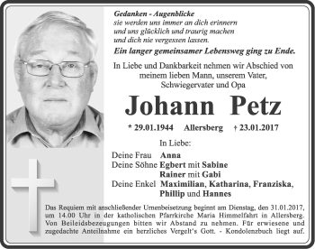 Traueranzeige von Johann Petz von Roth-Hilpoltsteiner Volkszeitung Lokal