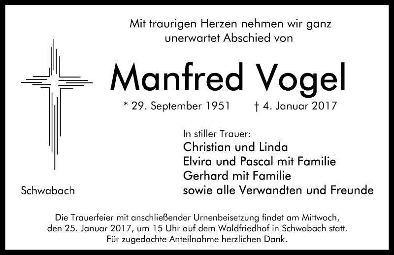  Traueranzeige für Manfred Vogel vom 14.01.2017 aus Schwabach
