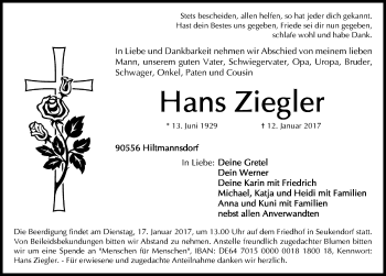 Traueranzeige von Hans Ziegler von Fürther Nachrichten Lokal