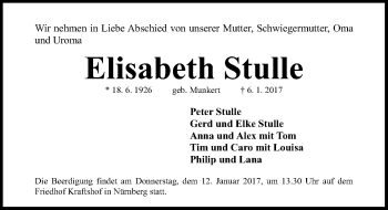 Traueranzeige von Elisabeth Stulle von Gesamtausgabe Nürnberger Nachrichten/ Nürnberger Ztg.