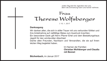 Traueranzeige von Therese Wolfsberger von Roth-Hilpoltsteiner Volkszeitung Lokal