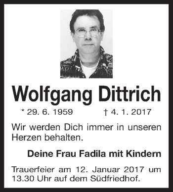 Traueranzeige von Wolfgang Dittrich von Gesamtausgabe Nürnberger Nachrichten/ Nürnberger Ztg.