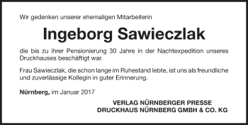 Traueranzeige von Inge Sawieczlak von Gesamtausgabe Nürnberger Nachrichten/ Nürnberger Ztg.