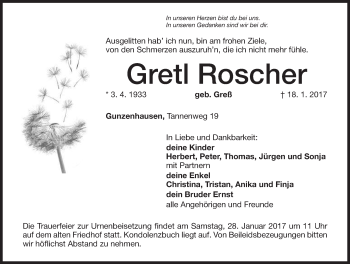 Traueranzeige von Gretl Roscher von Altmühl-Bote Lokal