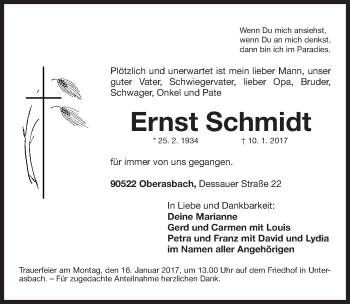 Traueranzeige von Ernst Schmidt von Fürther Nachrichten Lokal