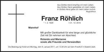 Traueranzeige von Franz Röhlich von Fürther Nachrichten Lokal