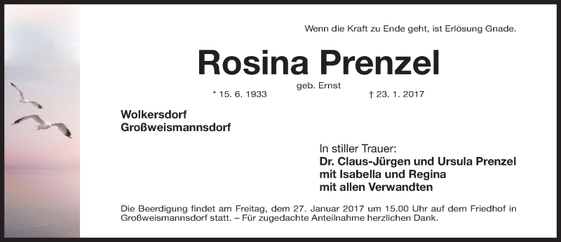  Traueranzeige für Rosina Prenzel vom 25.01.2017 aus Gesamtausgabe Nürnberger Nachrichten/ Nürnberger Ztg.