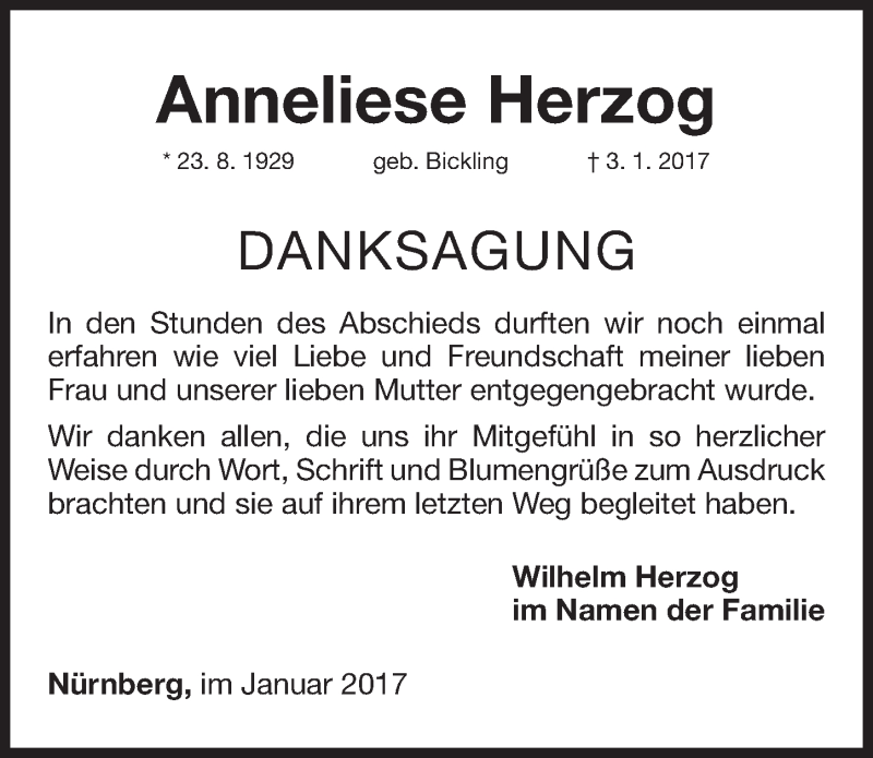  Traueranzeige für Anneliese Herzog vom 14.01.2017 aus Gesamtausgabe Nürnberger Nachrichten/ Nürnberger Ztg.