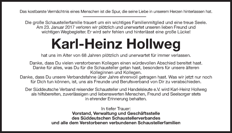  Traueranzeige für Karl-Heinz Hollweg vom 31.01.2017 aus Gesamtausgabe Nürnberger Nachrichten/ Nürnberger Ztg.