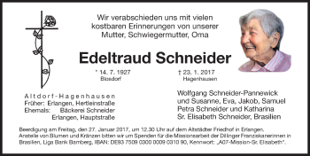 Traueranzeige von Edeltraud Schneider von Erlanger Nachrichten/ Nordbayer. Nachrichten Forchheim