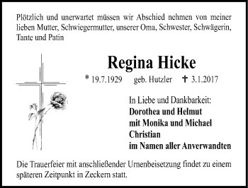 Traueranzeige von Regina Hicke von Nordbayerische Nachrichten Herzogenaurach Lokal