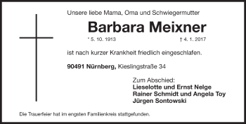 Traueranzeige von Barbara Meixner von Gesamtausgabe Nürnberger Nachrichten/ Nürnberger Ztg.