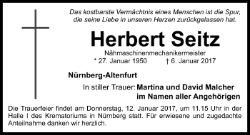 Traueranzeige von Herbert Seitz von Gesamtausgabe Nürnberger Nachrichten/ Nürnberger Ztg.