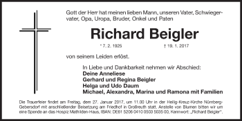 Traueranzeige von Richard Beigler von Gesamtausgabe Nürnberger Nachrichten/ Nürnberger Ztg.