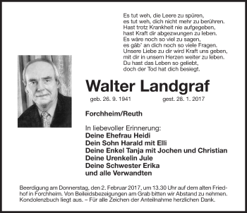 Traueranzeige von Walter Landgraf von Nordbayerische Nachrichten Forchheim Lokal